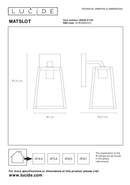 Lucide MATSLOT - Applique murale Intérieur/Extérieur - 1xE27 - IP23 - Noir - TECHNISCH